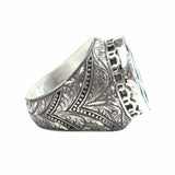 Sterling Silver Handcrafted Men's Ring with Aquamarine and Engraved Column Motif