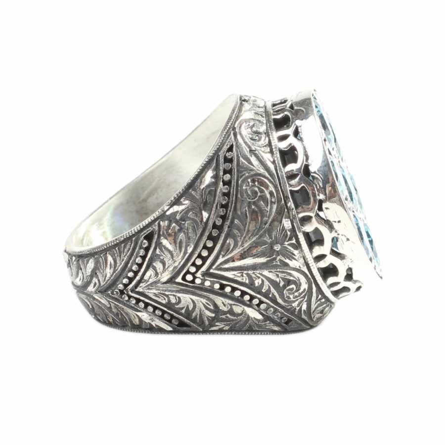 Sterling Silver Handcrafted Men's Ring with Aquamarine and Engraved Column Motif