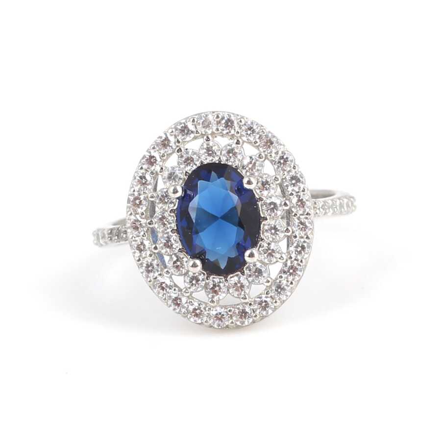 925 Sterling Silver Oval Sapphire Zircon Double Halo Ring