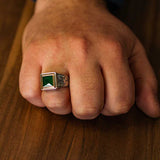 925 Sterling Silver Men's Ring with Square Emerald-Colored Stone