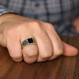 925 Sterling Silver Men's Ring with Black Square Onyx Stone