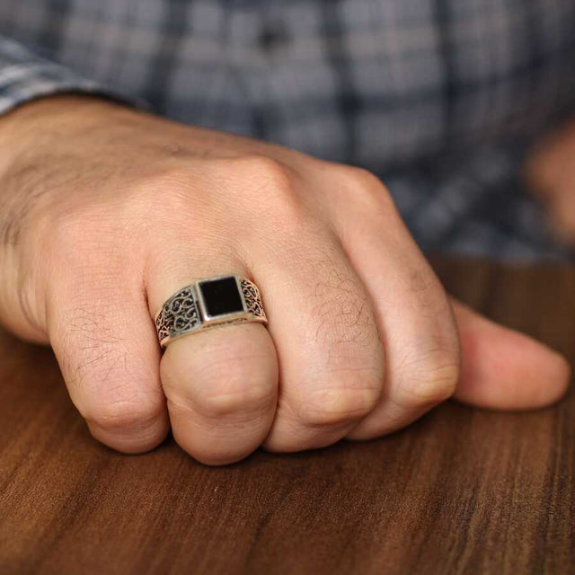925 Sterling Silver Men's Ring with Black Square Onyx Stone