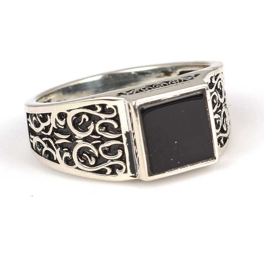 925 Sterling Silver Men's Ring with Black Square Onyx Stone