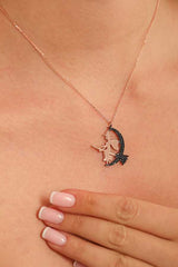 Rose-Tone Sterling Silver Witch on Moon Necklace with Black Zircon
