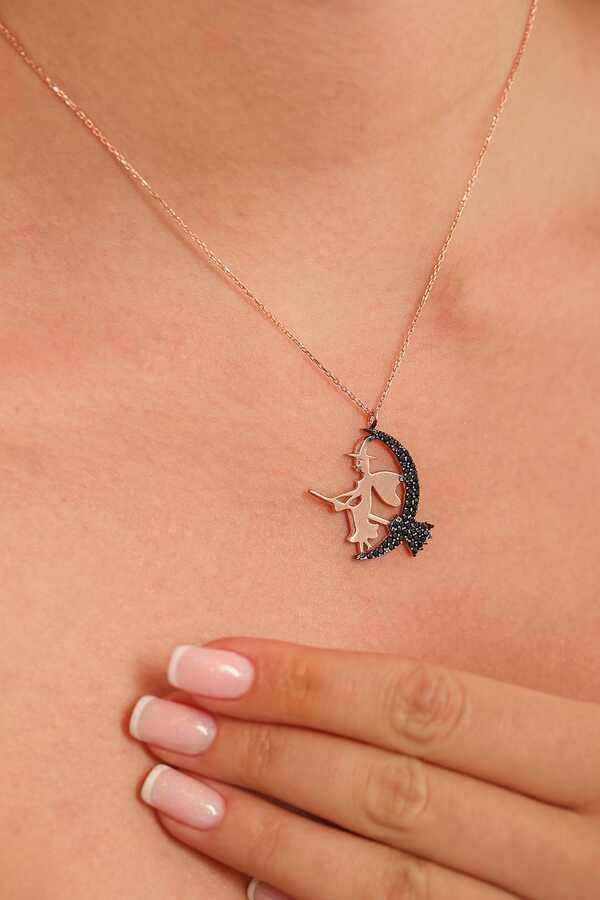 Rose-Tone Sterling Silver Witch on Moon Necklace with Black Zircon