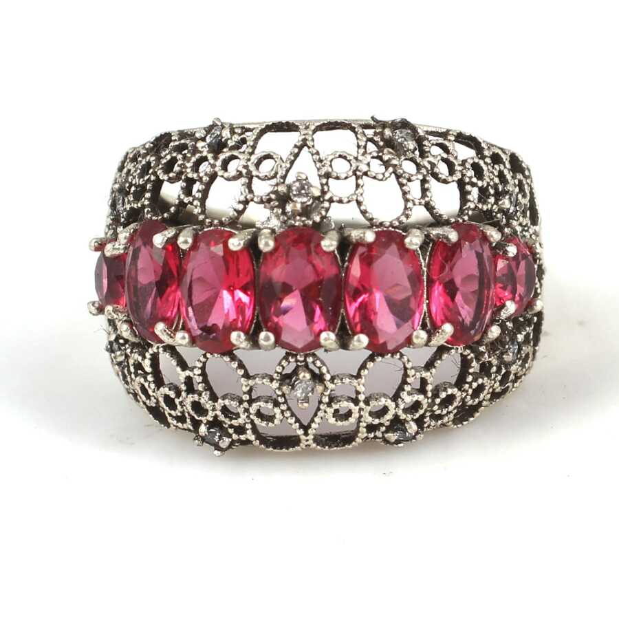 925 Sterling Silver Filigree Ring with Red & White Zircon