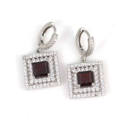 925 Sterling Silver Square Garnet & Zircon Double Row Halo Earrings
