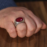 Men's Sterling Silver Oval Ring - Rich Red Root Ruby Statement