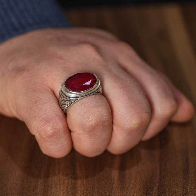 Men's Sterling Silver Oval Ring - Rich Red Root Ruby Statement