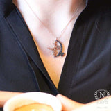 Rose-Tone Sterling Silver Witch on Moon Necklace with Black Zircon