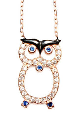 Sterling Silver Owl Pendant Necklace - White Zircon & Wisdom Symbol