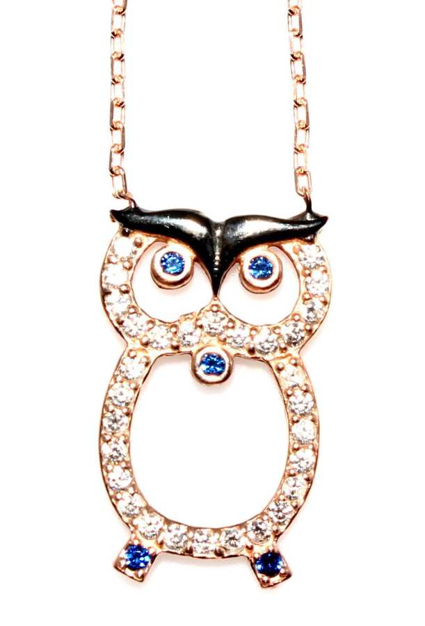 Sterling Silver Owl Pendant Necklace - White Zircon & Wisdom Symbol