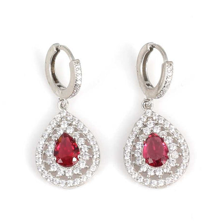 925 Sterling Silver Double Halo Teardrop Ruby Red Zircon Earrings