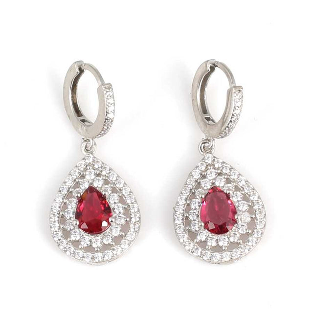 925 Sterling Silver Double Halo Teardrop Ruby Red Zircon Earrings