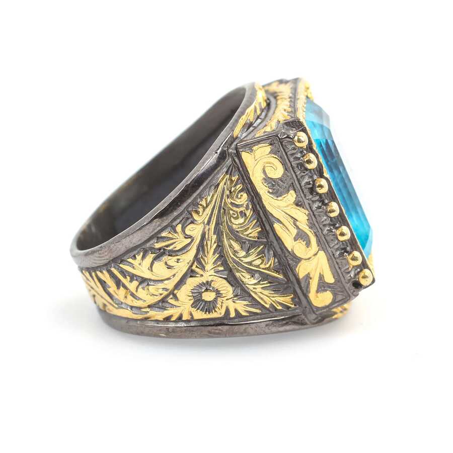 Sterling Silver Rectangular Aquamarine Men's Ring - Hand-Engraved