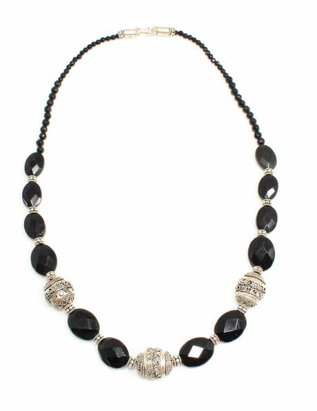 925 Sterling Silver Oval Onyx Necklace - Three Antique Accents