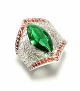 925 Sterling Silver Filigree Ring - Synthetic Emerald Shuttle Motif