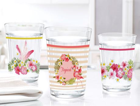 Clear Glass 3-Piece Tumbler Set - Flamingo Design