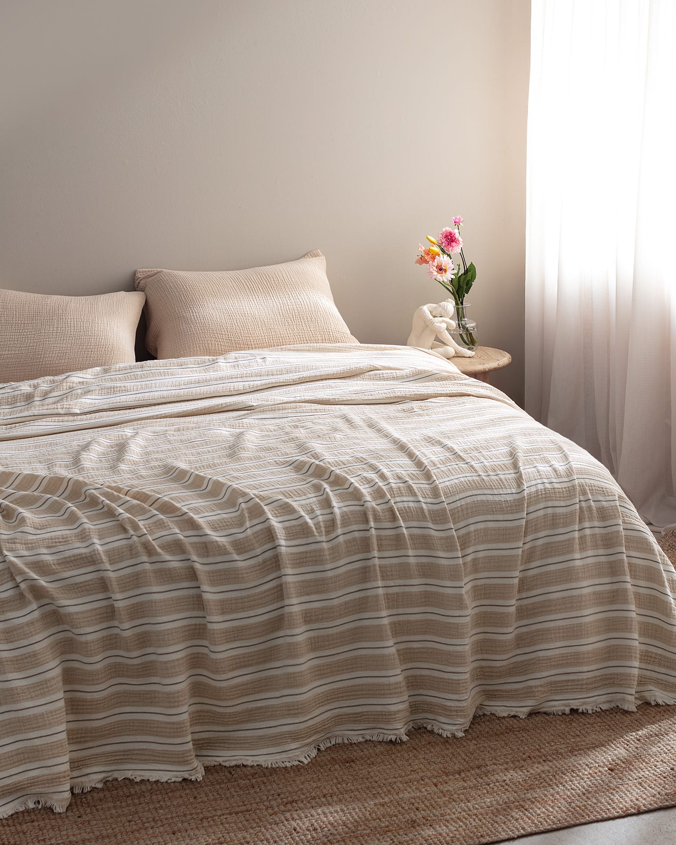 Single Muslin Cotton Fitted Bedspread Set - Ecru Beige