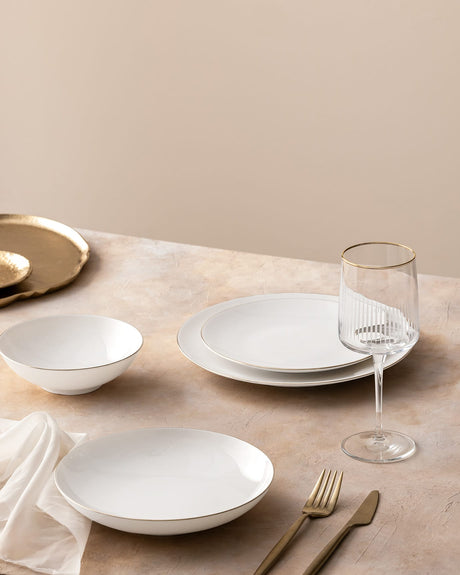 New Bone Porcelain 6 Person Dinner Set - Elegant White & Gold Trim