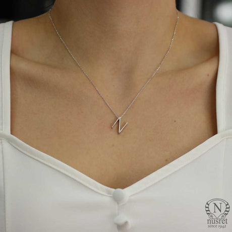 Sterling Silver 3D Initial 'N' Pendant Necklace