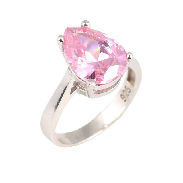 925 Sterling Silver Teardrop Pink Quartz Ring - Luminous Elegance