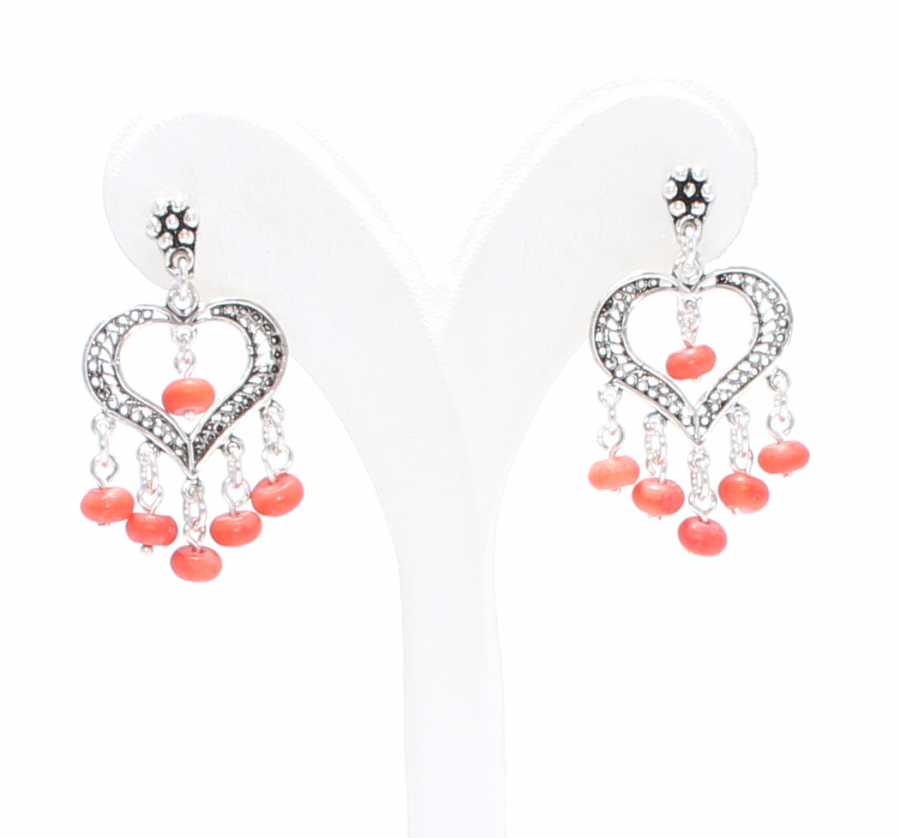 925 Sterling Silver Filigree Heart Coral Stone Earring