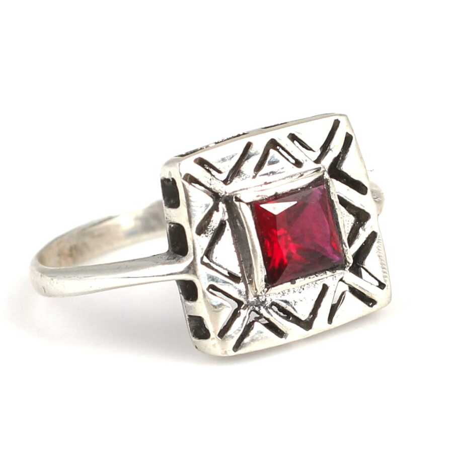 Sterling Silver Garnet Square Ring - Modern Geometric Style
