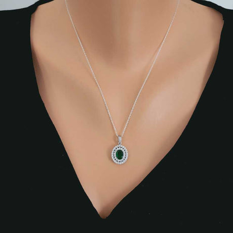925 Sterling Silver Double Row Halo Emerald Zircon Necklace