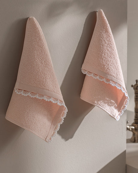 Luxury 100% Cotton Crocheted Hand Towel Set - 2 Pack - Powder Pink & White