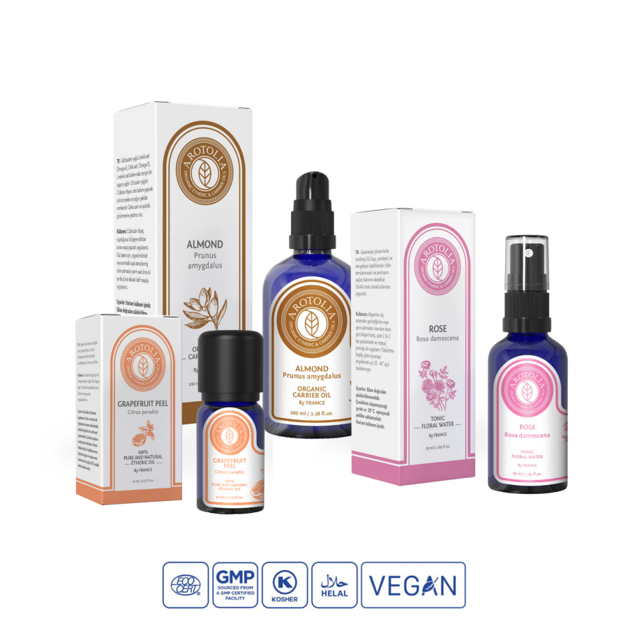 Face Yoga Set with Sweet Almond Oil, Geranium Essential Oil & Rose Water Toner