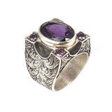 Sterling Silver Men's Amethyst Ring - Handcrafted Engraved Design
