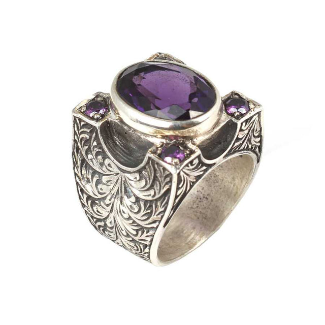 Sterling Silver Men's Amethyst Ring - Handcrafted Engraved Design