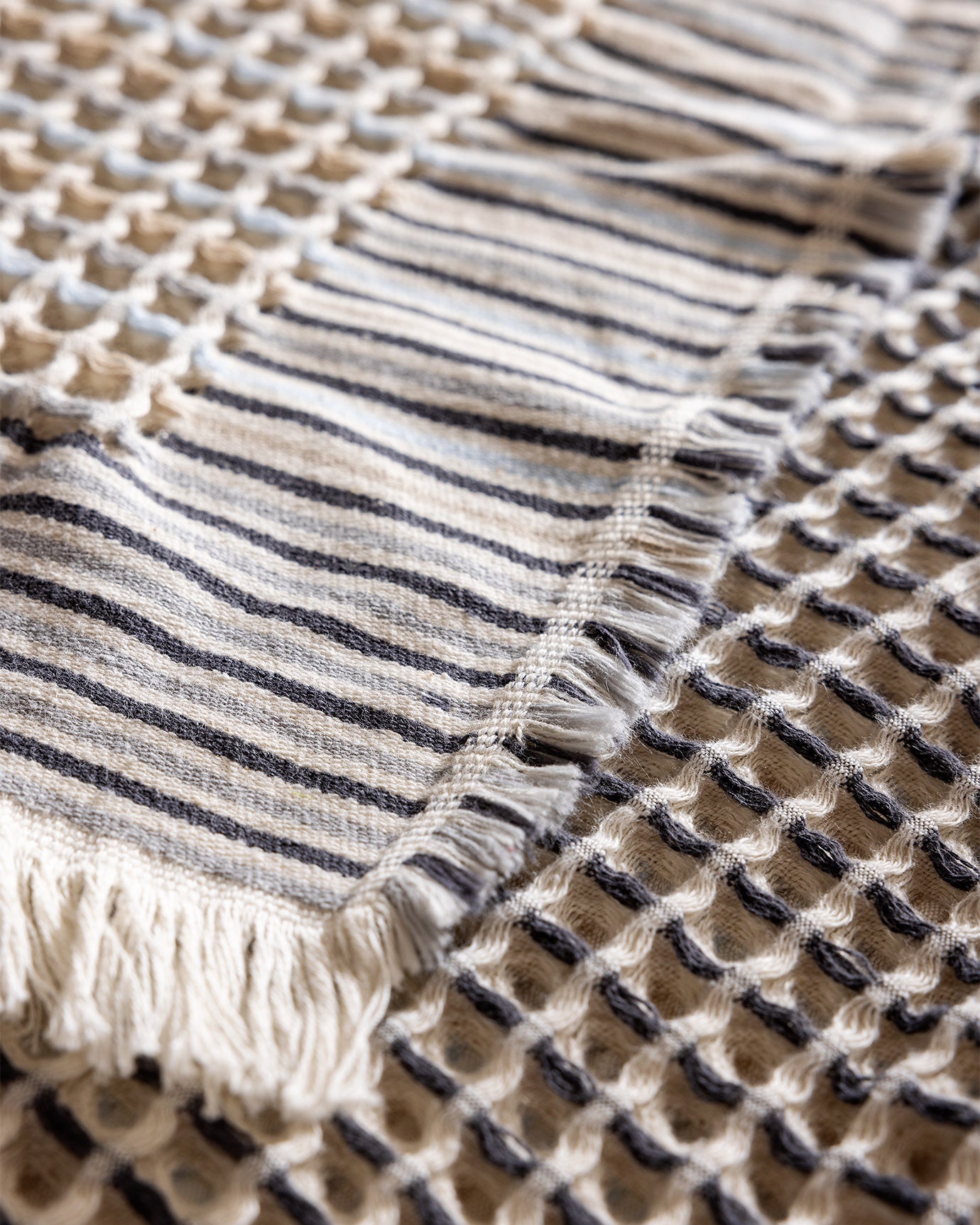 Cotton Bedspread Single Size - Beige and Blue Reversible Coverlet
