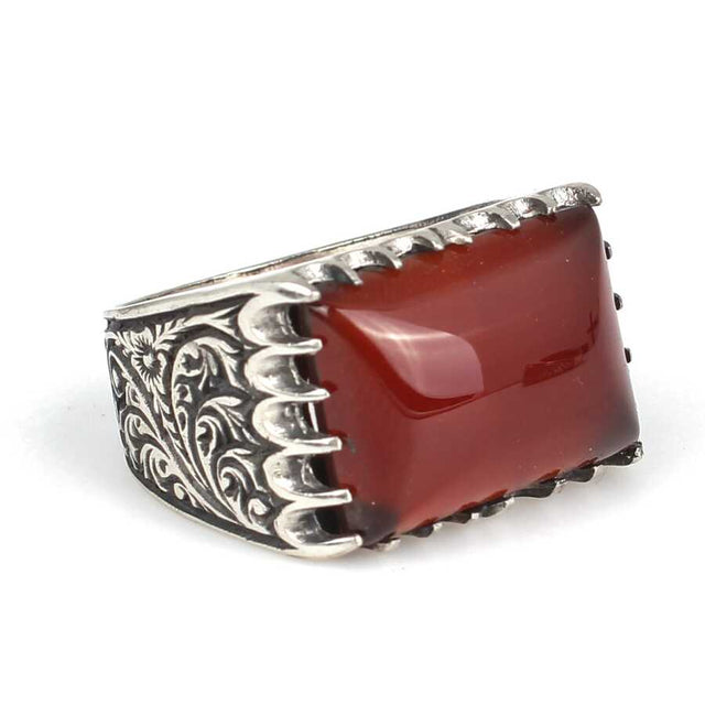 925 Sterling Silver Agate Men's Ring - Rectangular Stone Design