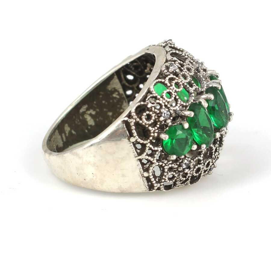 Sterling Silver Filigree Ring - Green and White Zircon Stones