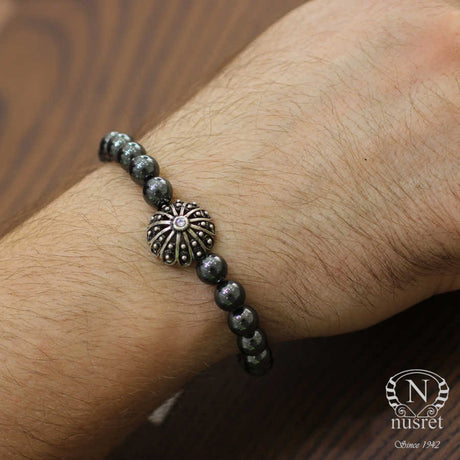 925 Sterling Silver Hematite Natural Stone Men's Beaded Bracelet