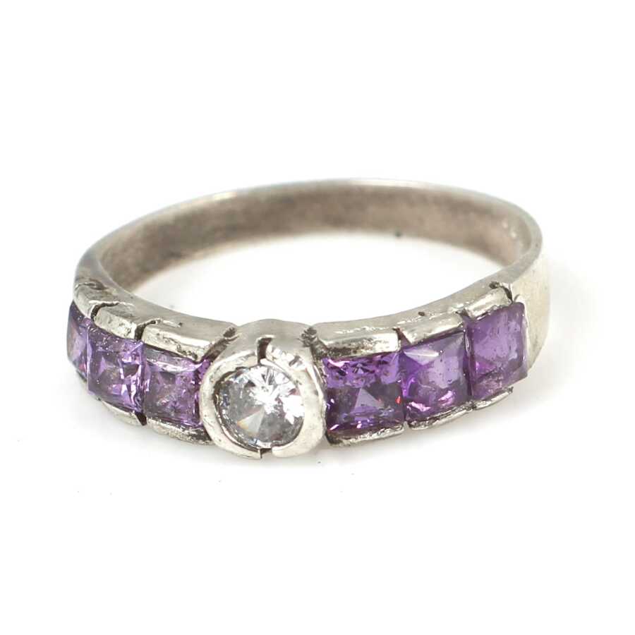 Sterling Silver Purple Baguette & White Zircon Elegant Ring