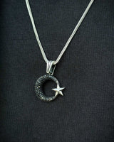 925 Sterling Silver Black Stone Crescent & Star Necklace