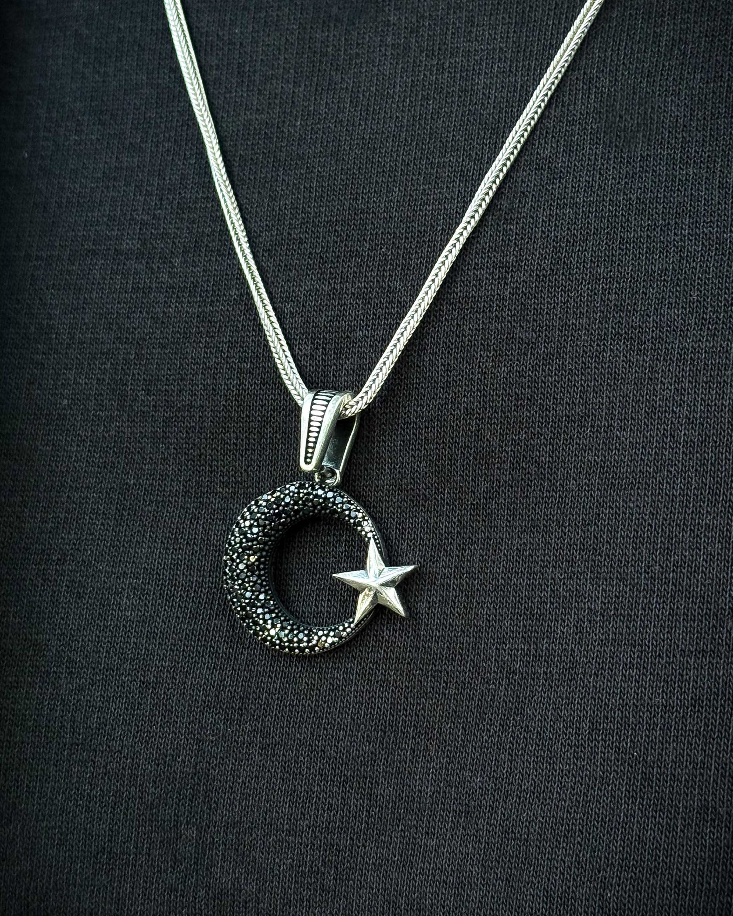 925 Sterling Silver Black Stone Crescent & Star Necklace