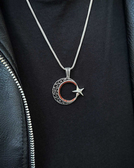 925 Sterling Silver Crescent & Star Necklace - Distinctive Red Stone