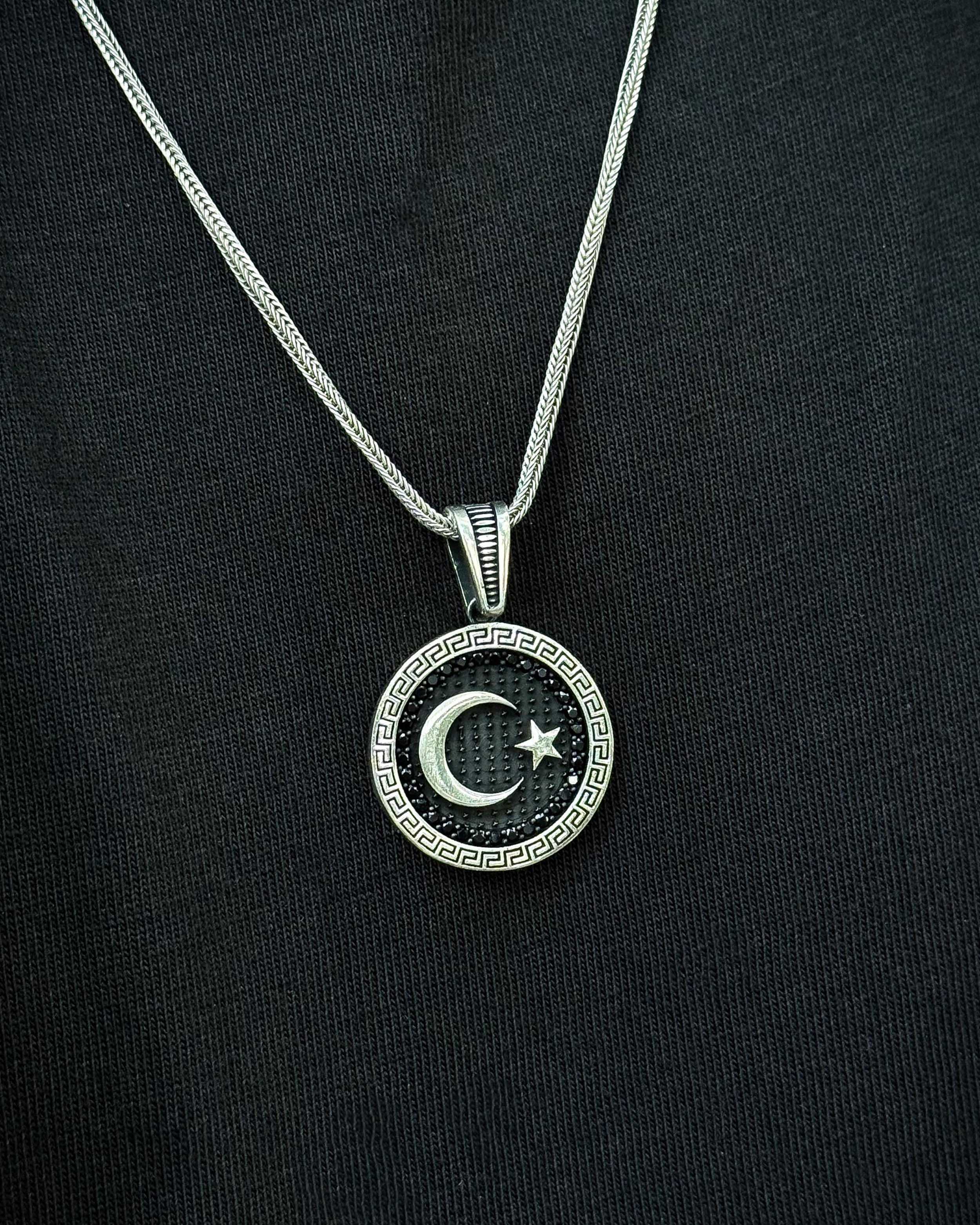 Collana con medaglione a mezzaluna nera e stella in argento sterling - simbolica
