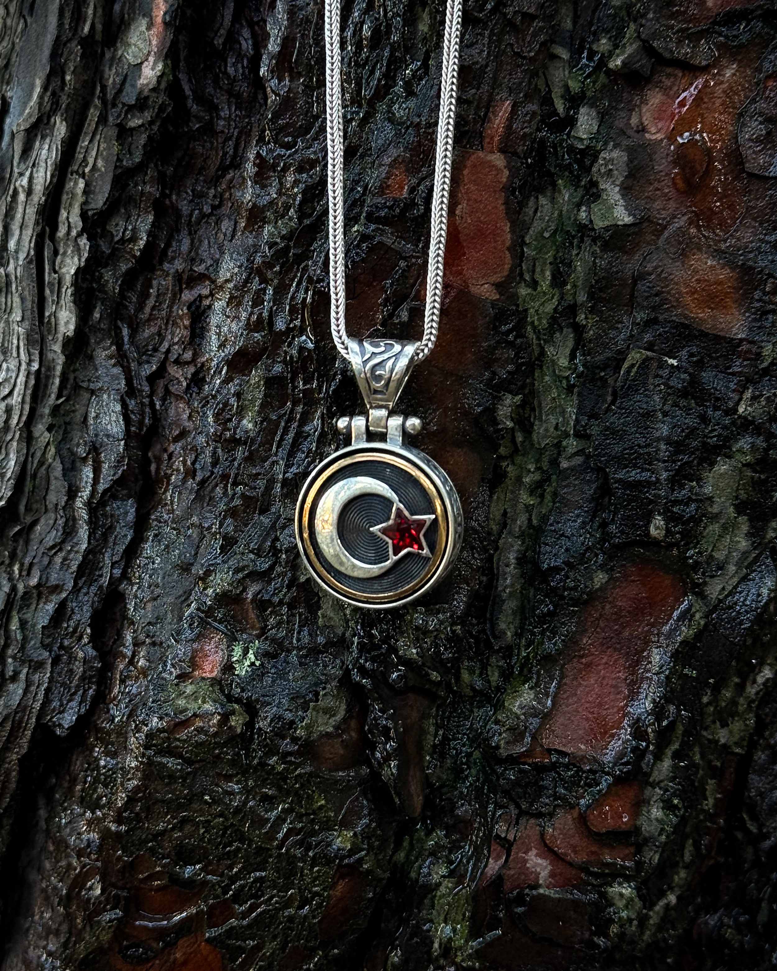 Sterling Silver Crescent & Star Necklace with Rotating Red Stone
