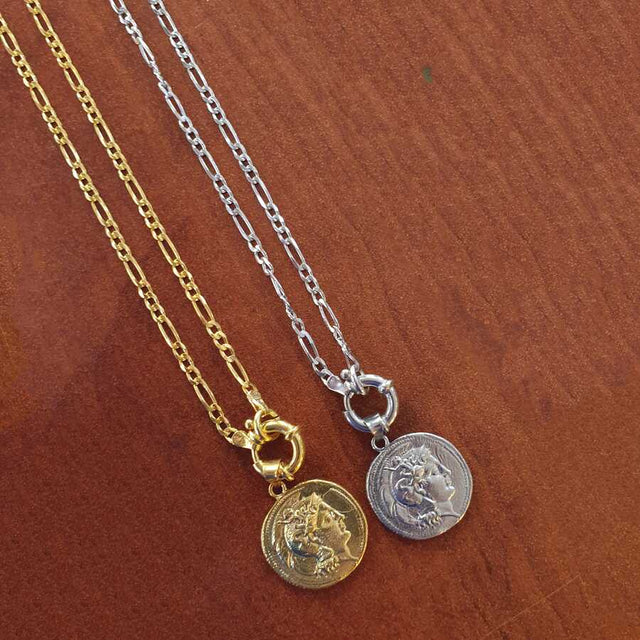 925 Sterling Silver Medallion Necklace - Figaro Chain