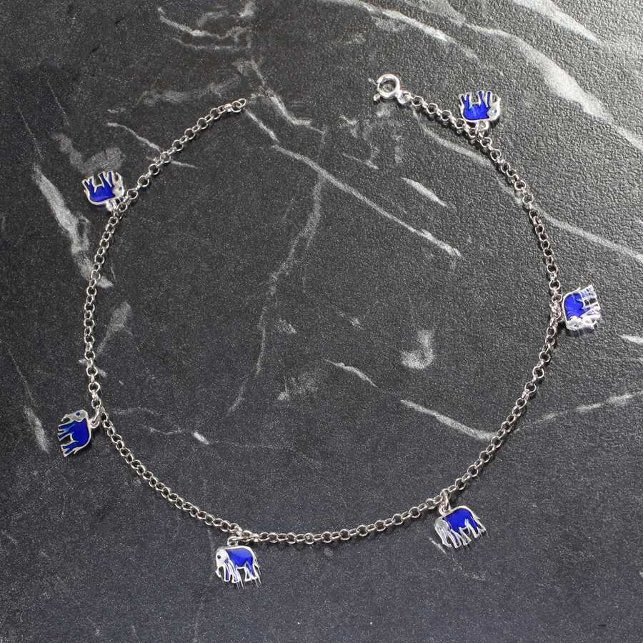 Sterling Silver Enamel Elephant Anklet - Delicate Charm Design
