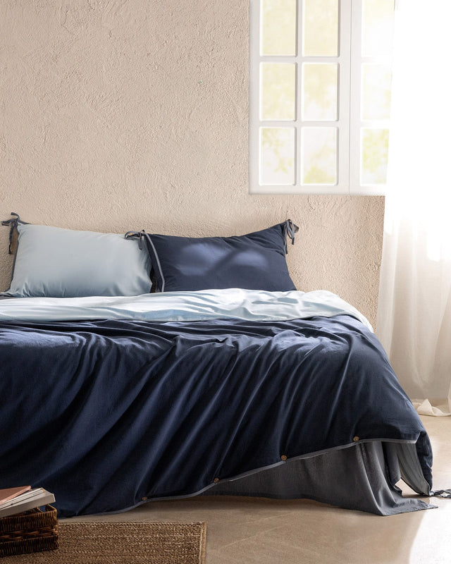 Double 100% Cotton Washed Duvet Cover Set with Tie Closure - Blue/Navy