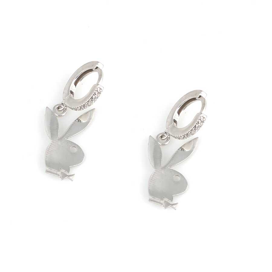 925 Sterling Silver Zircon Rabbit Dangle Hoop Earrings
