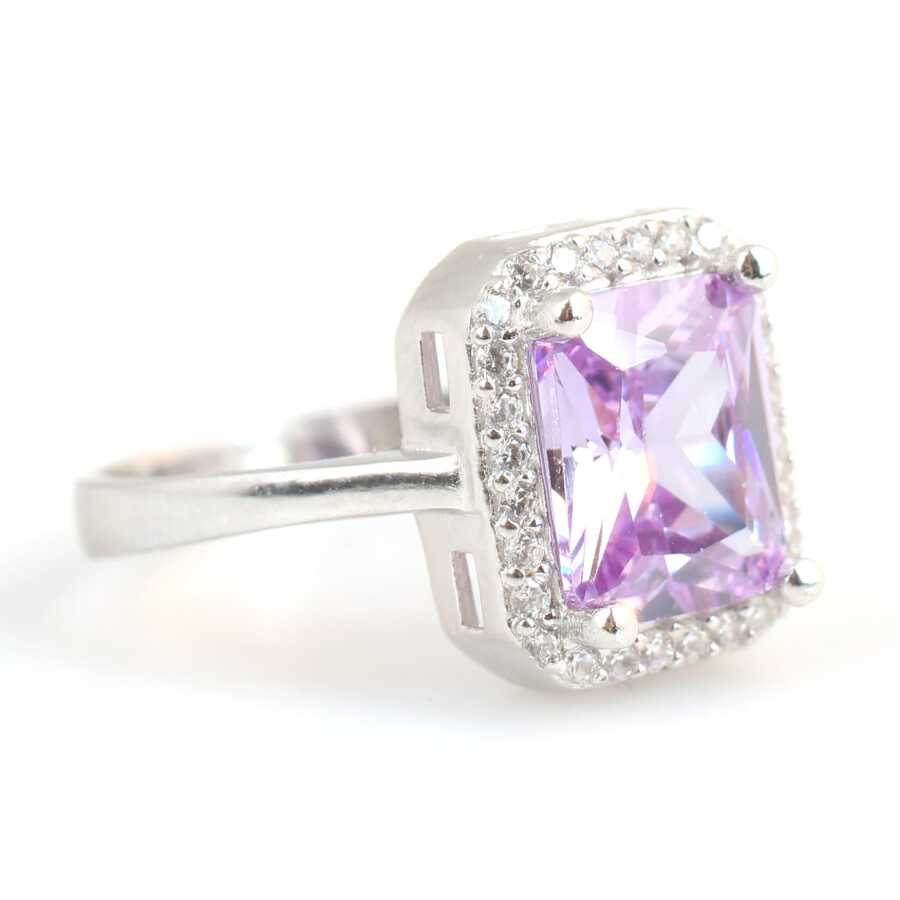925 Sterling Silver Amethyst & Zircon Rectangular Statement Ring