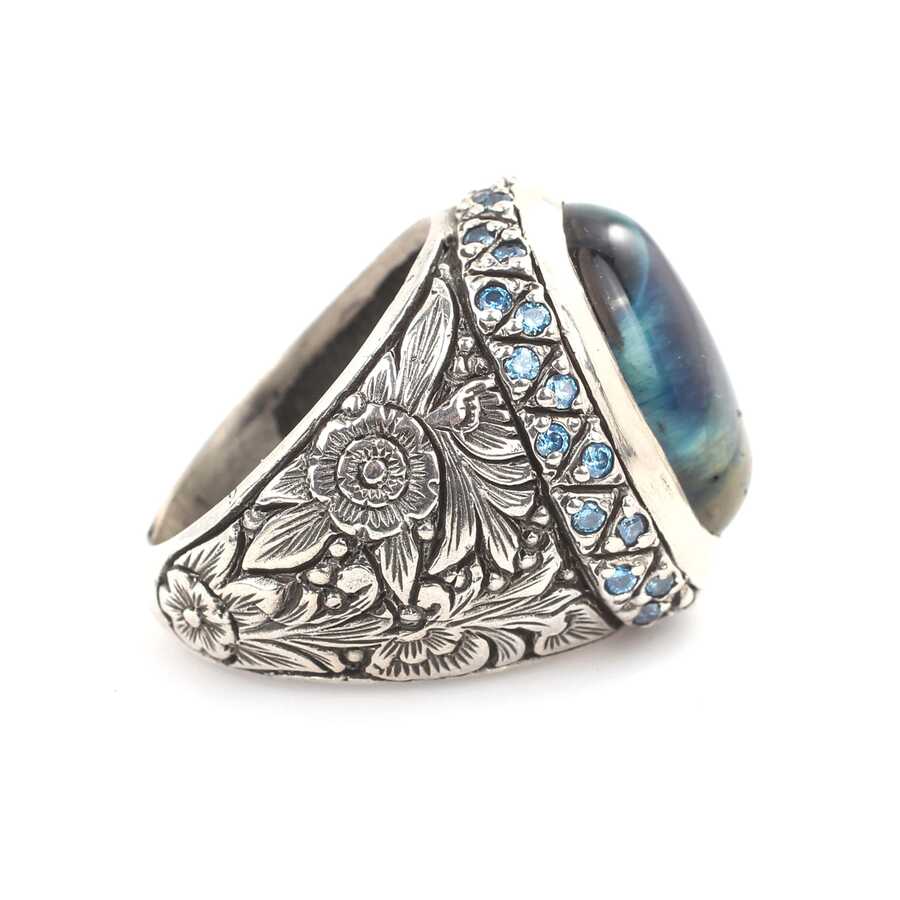 925 Sterling Silver Obsidian Men's Ring - Hand-Engraved Design