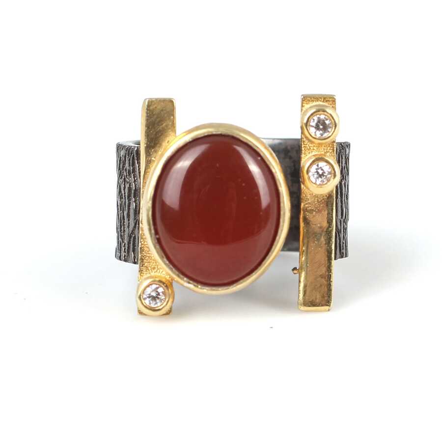 925 Sterling Silver Tree Bark Pattern Open Ring with Agate & Zircon